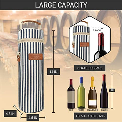 opux Wine Bag Single Bottle Carrier Tote, Insulated Wine Cooler Bag for Travel Picnic Beach with Shoulder Strap, Thermal One Bottle Holder Carrying Case Gift for Women Men, Navy White Stripes - color: Navy Stripes
