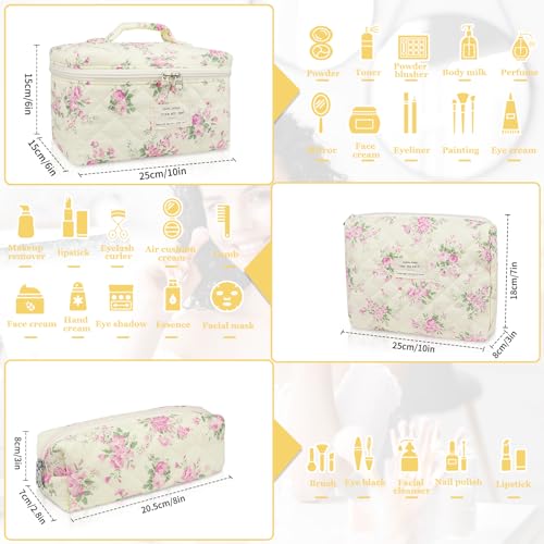 Gosect Makeup Bag Set, Quilted Makeup Bag, Large Floral Cosmetic Bag for Women, Cute Cotton Makeup Bags, Flower Travel Toiletry Organizer Bag (Pink Floer) - color: FSHK