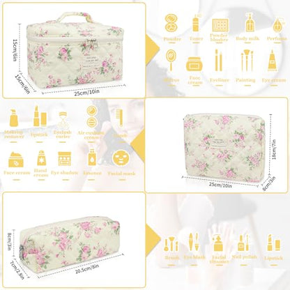 Gosect Makeup Bag Set, Quilted Makeup Bag, Large Floral Cosmetic Bag for Women, Cute Cotton Makeup Bags, Flower Travel Toiletry Organizer Bag (Pink Floer) - color: FSHK