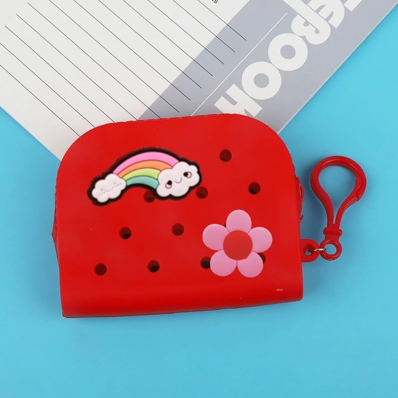 Soft Silicone Mini Coin Purse with Zipper and Cartoon Hole,with 15 pcs DIY Charms. Portable Keychain Pouch Organizer (Red) - color: Red