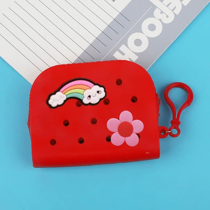 Soft Silicone Mini Coin Purse with Zipper and Cartoon Hole,with 15 pcs DIY Charms. Portable Keychain Pouch Organizer (Red) - color: Red