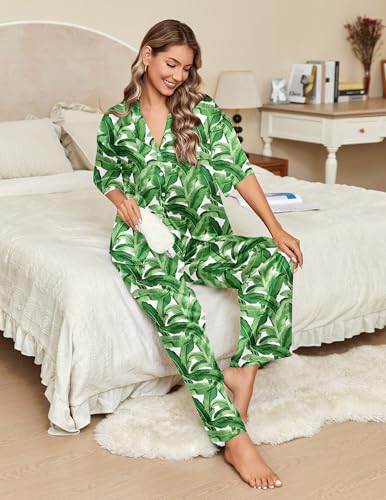 Ekouaer Silk Satin Pajamas Set Women Short Sleeve Pj Sets Button Down Sleepwear 2 Piece Soft Loungewear S-XXL - color: Green Leaves, size: Medium