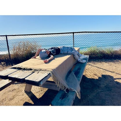 Picnic Blanket Extra Large Waterproof with Strap 59"x79" - Machine Washable Tassels Faux Wool Cashmere for Park, Grass, Camping, Hiking, Concerts (Coffee, 59"X79") - color: Coffee