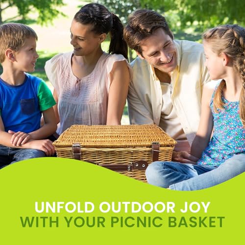 Nature Gear Picnic Basket, Wicker Basket with Handle for Outdoors, Insulated Woven Basket, Includes a Service Kit of Dinnerware & Wine Glasses, Picnic Basket Set for 4, Red & White - color: Red & White
