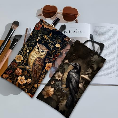 Eyeglasses Sunglasses Case PU Soft Squeeze Top Glasses Pouch for Women Men,Animal Pattern Portable Anti Scratch - color: Brown-raven and Owl
