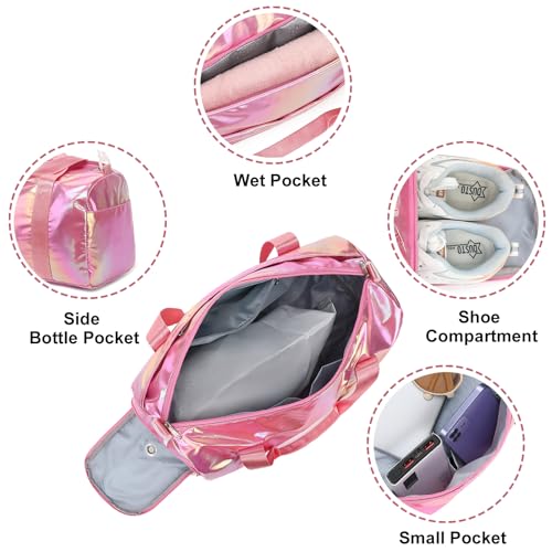 Gym Bag Sports Duffle Bag with Wet Pocket Weekender Overnight Bag with Waterproof Shoe Pouch and Air Hole for Girls Kids Women Travel Foldable Bag - color: W-Pink