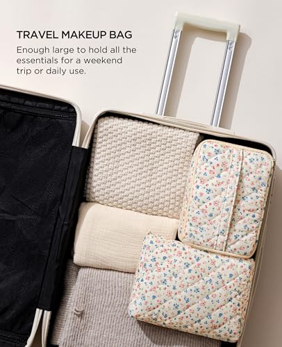 HBselect 2Pcs Travel Makeup Bag, Large Cotton Quilted Makeup Bag Cosmetic Bag Cute Make up Bag Toiletry Bags for Women Girls - color: 2PCS-FLOWER3