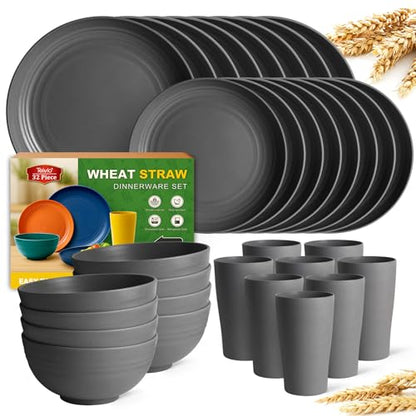 Teivio 32-Piece Kitchen Plastic Wheat Straw Dinnerware Set, Service for 8, Dinner Plates, Dessert Plate, Cereal Bowls, Cups, Unbreakable Colorful Plastic Outdoor Camping Dishes, Gray Matte - color: Gray Matte