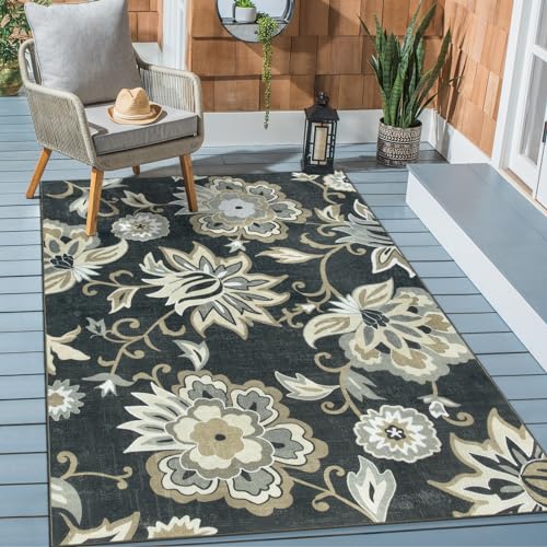 Lahome Floral Indoor Outdoor Rug, 5x8ft Non-Slip Outdoor Patio Rug for Camping Picnic, Portable Outdoor Carpet for Balcony Deck Backyard, Washable RV Mat Outdoor Rugs for Living Room Bedroom,Black - color: Black, size: 5'x 8'