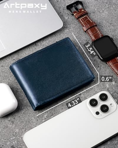 Artpaxy Mens Wallet Bifold Genuine Leather RFID Blocking Wallet for Men with 1 ID Windows 13 Card Holders 2 cash pockets 1 Gift Box - color: Navy Blue