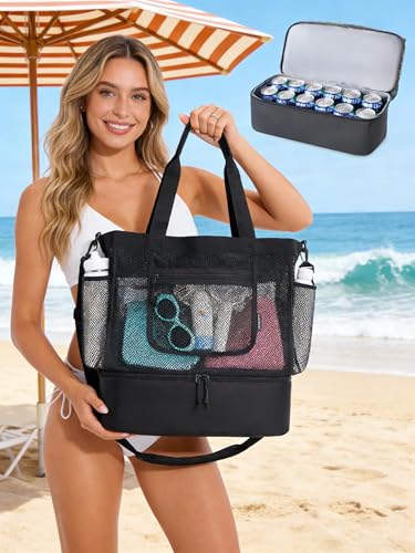 BAGSMART Beach Bag for Women, Mesh Tote Bags with Zipper, Sandproof Vacation Essentials with Cooler for Swim Cruise Pool - color: Black