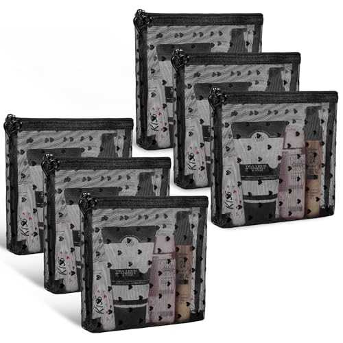 6 Pack Mini Zipper Mesh Makeup Bags, Heart Print Nylon Cosmetic Bags Toiletry Bags for Office Travel Organization (Widened-Black, S) - color: Widened-Black, size: S