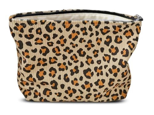 HAPPYHEIDI Leopard Corduroy Makeup Bag Cosmetic Toiletry Travel Pouch Car Organizer, 3-Size, Vintage Brown Coquette Cheetah - color: GZTH Leopard Corduroy 1 Bag