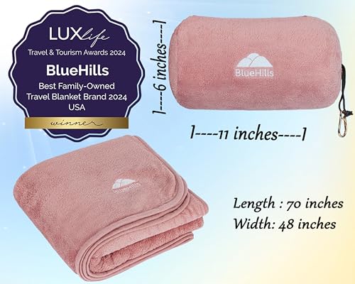 BlueHills Travel Blanket Pillow Rolled Premium Soft Plush Airplane Throw Traveling Gifts Compact in a Bag 70 X 48 inches Long Plane Flight Portable Lightweight Pink R02 - color: R02-pink