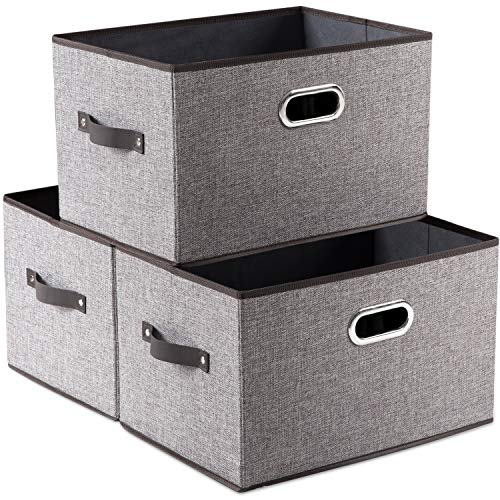 PRANDOM Larger Collapsible Storage Bins for Closet [3-pack] Decorative Linen Fabric Storage Baskets Cubes with Leather/Metal Handles for Living Room Cloth Grey and Black Trim (17.3x12.2x10.4 Inch) - color: Grey&black Trim, size: Jumbo(3-Pack)
