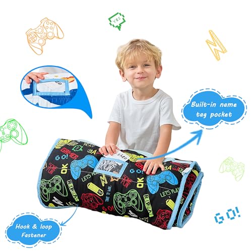 Lasoftan Toddler Nap Mat with Pillow and Blanket, Extra Large Rolled Napping Mats,Slumber Bags for Boys Girls,Kids Sleeping Bag for Daycare, Preschool Travel Camping - color: Game Console