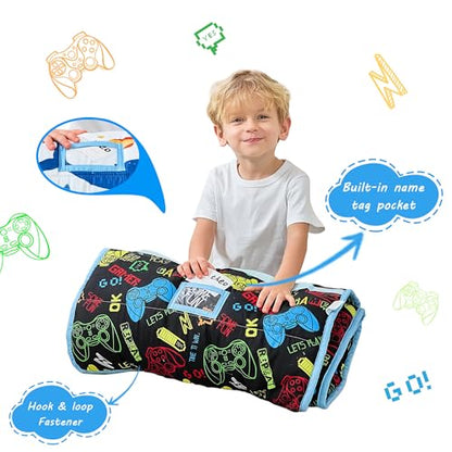 Lasoftan Toddler Nap Mat with Pillow and Blanket, Extra Large Rolled Napping Mats,Slumber Bags for Boys Girls,Kids Sleeping Bag for Daycare, Preschool Travel Camping - color: Game Console
