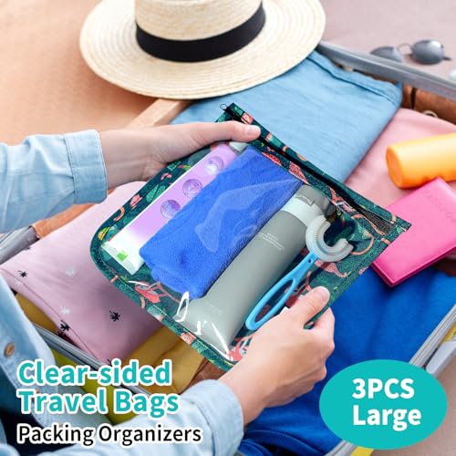 HIONXMGA TSA Approved Toiletry Bag, Set of 3 Clear Travel Toiletry Bag Quart Size Zipper Travel Pouch, Waterproof Makeup Cosmetic Bag for Women Men Kids Toiletries Carry on, Jungle Large - color: Jungle, 3 Large