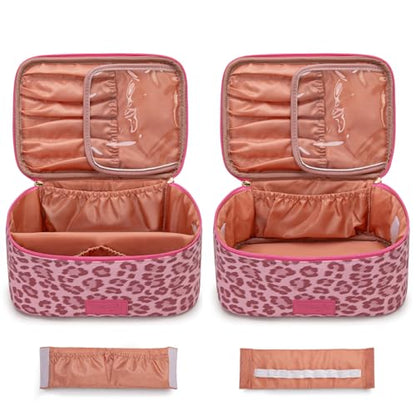 Montana West X Wrangler Travel Makeup Bag 2pcs Set Large Cosmetic Bag with Makeup Brush Holder Portable Make Up Organizer Cute Toiletry Bag with Divider and Handle for Women Leopard - color: Leopard-Pink