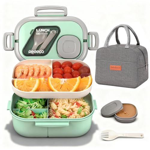PEDECO Green Lunch Box Set with Bag & Utensil, Leak Proof for Women Men Kid | 2-tier stackable container with sauce pod,Insulated bag keeps food hot or cold,Microwave & dishwasher safe,for women men - color: Green