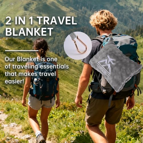 Travel Blanket and Pillow-2-in-1, Ultra-Soft&Compact,Airplane Blanket with Hand Luggage Belt and Backpack Clip,Travelers Accessories Gifts, 61x43 Inches（Gray） - color: Gray