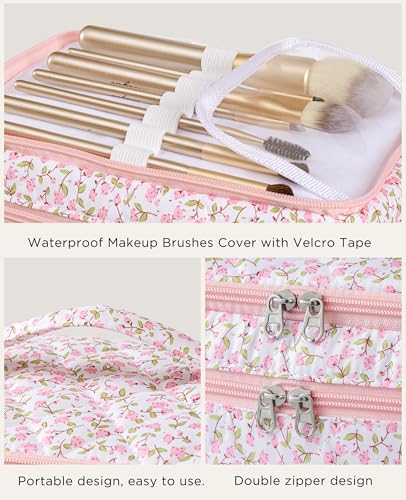 HBselect 2Pcs Travel Makeup Bag, Large Cotton Quilted Makeup Bag Cosmetic Bag Cute Make up Bag Toiletry Bags for Women Girls - color: 2PCS-FLOWER2