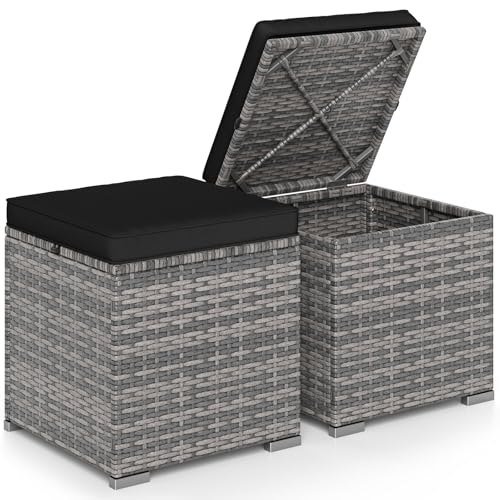 Tangkula 2 Pieces Patio Ottomans, Patiojoy Hand-Woven PE Rattan Side Table with Removable Cushion & Hidden Storage Space, Multifunctional Storage Box, Seat for Patio, Backyard, Poolside (Black&Grey) - color: Black&grey, size: 16"D x 16"W x 15.5"H