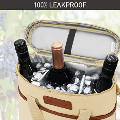Opux 3 Bottle Insulated Leakproof Wine Cooler Bag, Tote for Picnic Beach, Portable Carrying Case, Cream - color: Cream Beige