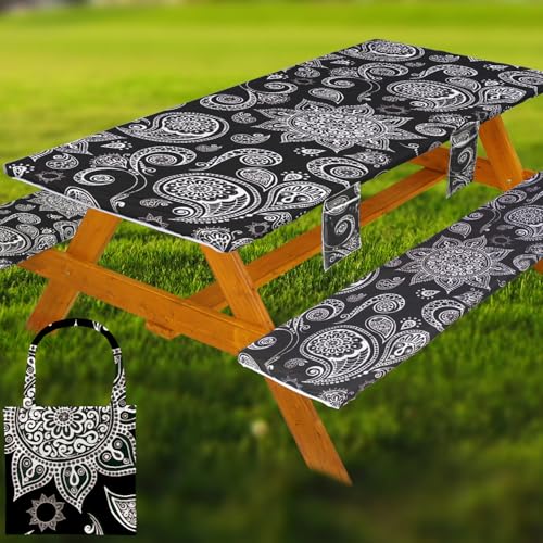 Picnic Table Cover with Bench Covers Table Cloth Tablecloth Summer Outdoor Rv Patio Tent Camping Glamping Campsite Camper Essentials Accessories Items Gear Gadgets Stuff Necessities Supplies Must Have - color: Black Paisley, size: 72in