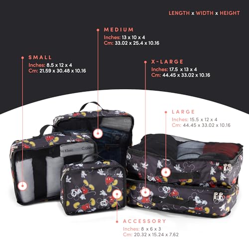 Disney Minnie Mickey Stitch Packing Cubes - Winnie the Pooh, Princess Cinderella, Cars, Toy Story 5 Piece Packing Cubes Compression - Travel Essential - Luggage Suitcase Organizer Set - color: Black