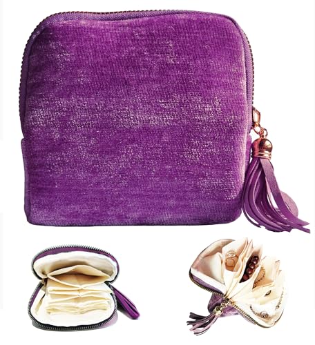 Travel Jewelry Organizer Case - Velvet Zipper Pouch with 6 Compartments for Bracelets, Earrings, Necklace, Anti-Scratch Storage, Valentine Gifts for Women (Dark Purple) - color: Dark Purple