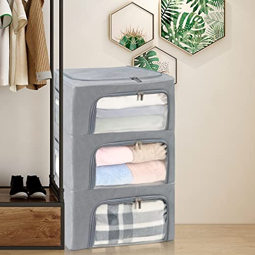 Clothes Storage Box Bins Stackable Foldable Organizer,Sturdy Handles with Metal Frame for Clothing Bedding Shelves,Closet Container with Clear Window Zipper and Label Holder (Gray, 22L x3 Pack) - color: Gray, 22L x3 Pack