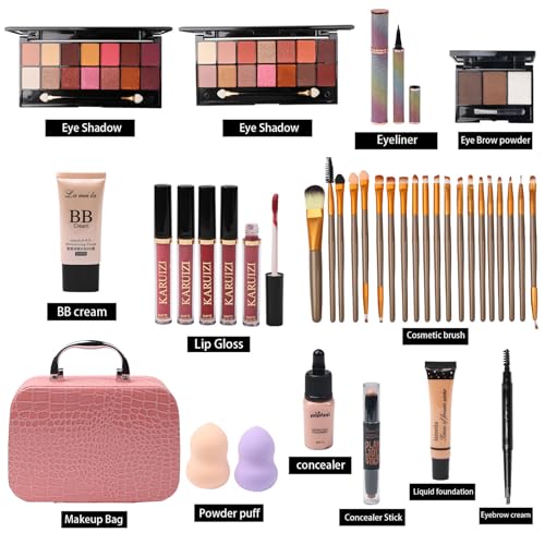 MTDXILTAI All in One Makeup Kit for Makeup storage bag 2X14 Colors Eyeshadow Palette Liquid Foundation Eyeliner Pencils Contouring Stick 20Pcs Make up Brushes For Women Girls Teens (Pink) - color: Pink