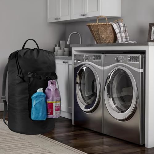 Laundry Bag with Shoulder Straps and Mesh Pocket Laundry Backpack Large Portable Laundry Hamper for College Travel, Laundromat, Apartment (Black) - color: Black