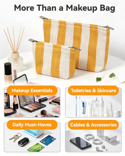 2 Pcs Makeup Bag Set, Women Gifts, Travel Cosmetic Bags, Canvas Make up Bag for Purse, Yellow Striped Makeup Pouch with Zipper Lining, Cosmetic Storage Car Organizer, Portable Large & Small Toiletry - style: Striped Yellow Canvas