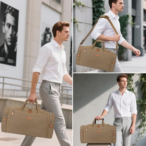 Canvas Mens Duffle Bag for Travel - Expandable 50L Weekender Bags with Toiletry Bag, Overnight Bag Travel Duffel Carry On Luggage with Removable Shoulder Strap, Durable & Water-Resistant - color: 5-Khaki