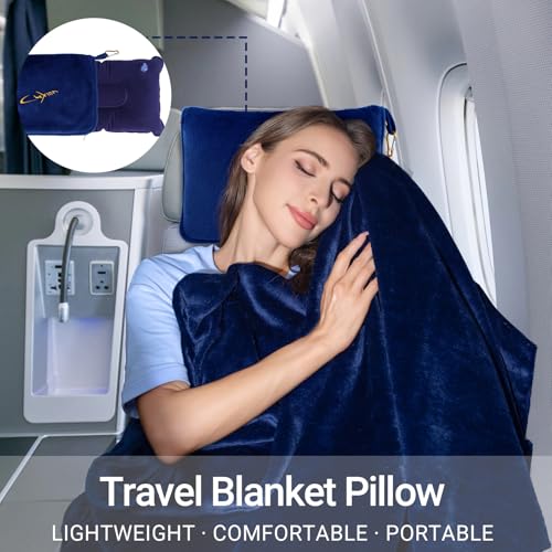 Travel Blanket & Pillow Set, 300 GSM Soft Fleece, 60x43 Inches, 3-in-1 Airplane Blanket, Travel Pillow and Blanket Set, Travel Blanket Airplane Compact with Bag, Travel Essentials, Navy - color: Navy