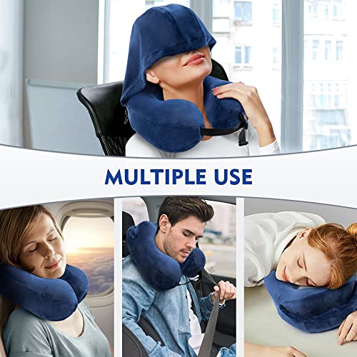 Neck Pillow with Hood - Memory Foam Neck Pillow Head Chin Support, Airplane, Car, Office & Home Sleep Rest Travel Pillows with Hood (Navy Blue, M)