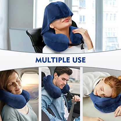 Neck Pillow with Hood - Memory Foam Neck Pillow Head Chin Support, Airplane, Car, Office & Home Sleep Rest Travel Pillows with Hood (Navy Blue, M)