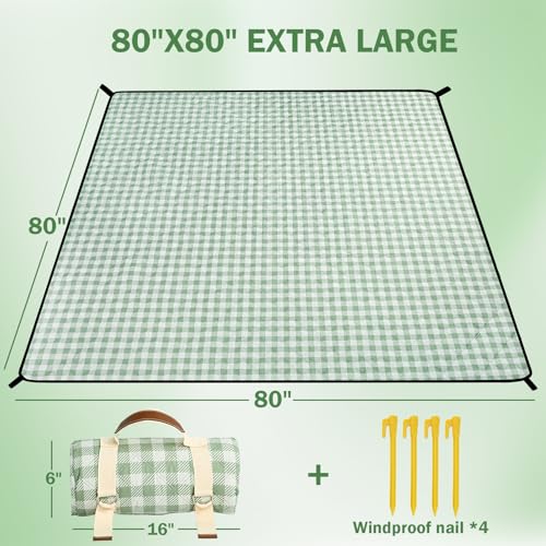 Extral Large Outdoor Waterproof Picnic Blanket With Shoulder Strap, 80"X80" 3-Layer Windproof Foldable Picnic Mat with Corner Nails, Machine Washable, Camping, Lawn Park Grass, Travel, Beach, Green