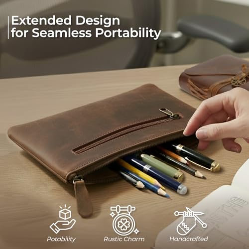 WANDERINGS Genuine Leather Pencil Pouch Case 9" x 5.25" - Hand Crafted Brown Leather Zipper Pouch - Slim Pencil Case Holder for Men and Women - Pencil Bag for Artists Students Professionals - size: Regular (9"x5.25")