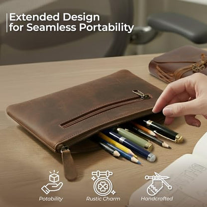 WANDERINGS Genuine Leather Pencil Pouch Case 9" x 5.25" - Hand Crafted Brown Leather Zipper Pouch - Slim Pencil Case Holder for Men and Women - Pencil Bag for Artists Students Professionals - size: Regular (9"x5.25")