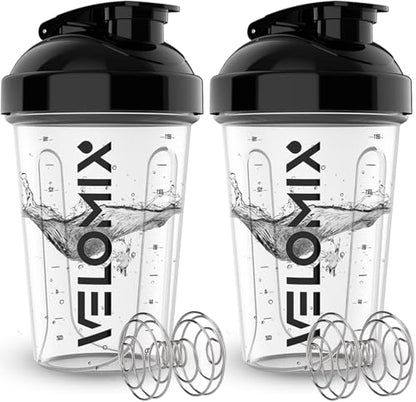 VELOMIX -2 Pack- 20 oz Protein Shaker Bottles for Protein Mixes - 2x Wire Whisk | Leak Proof Shaker Cups for Protein Shakes and Pre Workout | Protein Shaker Bottle Pack (Clear Prime) - color: A2) Clear Prime
