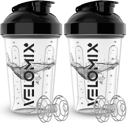 VELOMIX -2 Pack- 20 oz Protein Shaker Bottles for Protein Mixes - 2x Wire Whisk | Leak Proof Shaker Cups for Protein Shakes and Pre Workout | Protein Shaker Bottle Pack (Clear Prime) - color: A2) Clear Prime