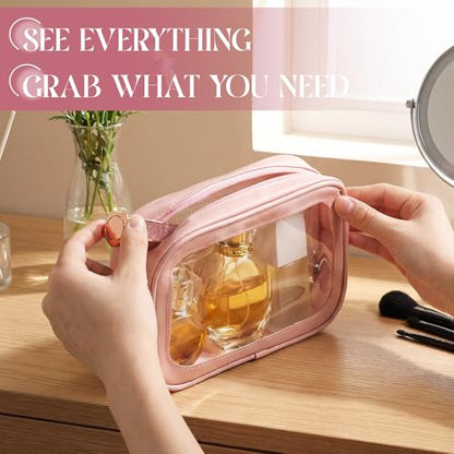 Abbylike 4 Pcs Pink Clear Makeup Bag PU Leather Tsa Approved Toiletry Bag with Zipper Transparent Waterproof Portable Cosmetic Bags Travel Car Clear Organizer Bags for Women Girls Mother's Day - color: Pink