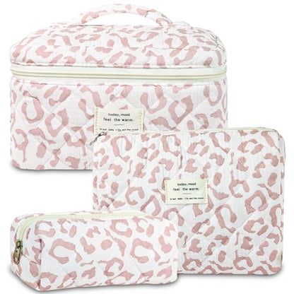 GISMTR 3Pcs Makeup Bag Cotton Quilted Travel Cosmetic Bag Cute Floral Makeup Pouch Large Toiletry Bag for Women Girls - color: Pink leopard print