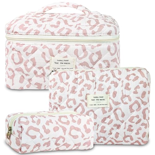 GISMTR 3Pcs Makeup Bag Cotton Quilted Travel Cosmetic Bag Cute Floral Makeup Pouch Large Toiletry Bag for Women Girls - color: Pink leopard print