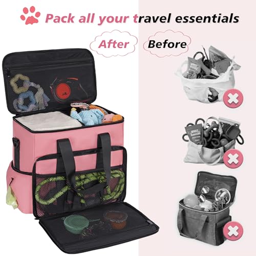 5 Set Dog Travel Bag for Supplies, Dog Lovers, Large Pet Travel Kit Includes 2 Food Containers, 2 Collapsible Bowls, Pink - color: Flamingo Tourmaline