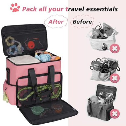 5 Set Dog Travel Bag for Supplies, Dog Lovers, Large Pet Travel Kit Includes 2 Food Containers, 2 Collapsible Bowls, Pink - color: Flamingo Tourmaline