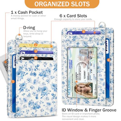 Yonlevres Credit Card Holder Slim Wallet Women, Floral Flowers RFID Blocking Small Front Pocket Travel Cute Thin ID Window PU Leather Mini Organizer Case Purse Gift Woman Girls Ladies - color: Floral Blue